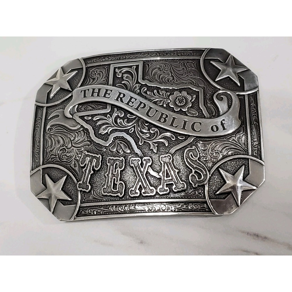 Nocona Silver Tone The Republic Of Texas Belt Buckle Texans Western State USA